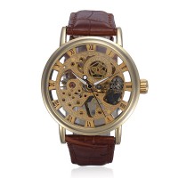Gold Tone Skeleton Leather Mechanical Hand Wind Wrist Watch